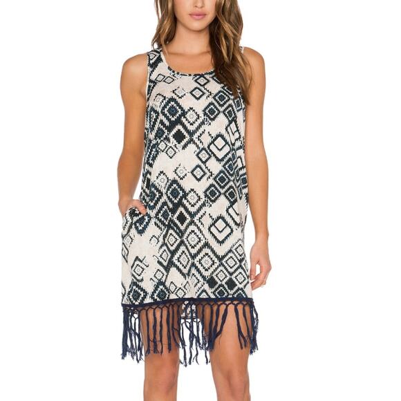 BAND OF GYPSIES Tribal Romper Dress Fringed Geometric Pattern White Blue Size S - Picture 1 of 10